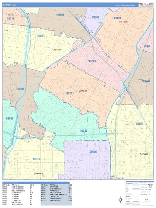 Downey, CA ColorCast style ZIP Code wall map