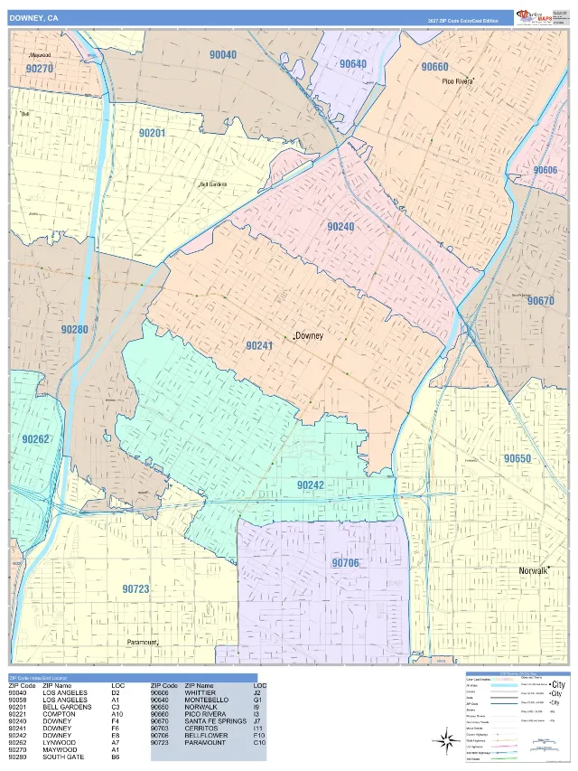Downey, CA ZIP Code Wall Map, ColorCast style