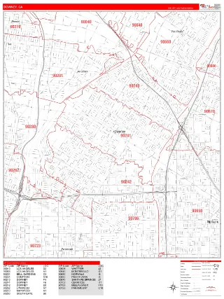 Downey, CA RedLine style ZIP Code wall map
