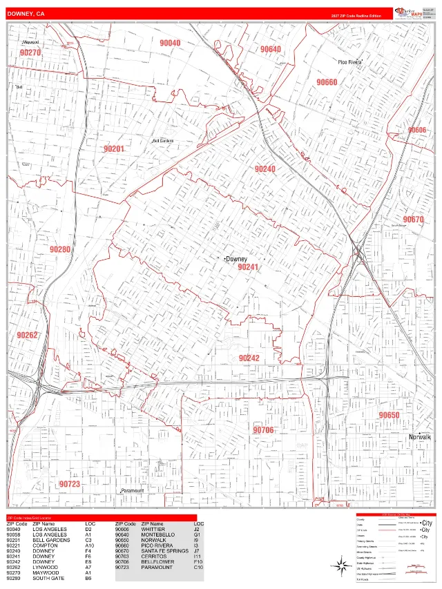 Downey, CA ZIP Code Wall Map, RedLine style