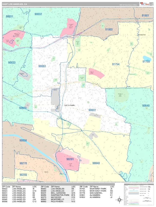 East Los Angeles, CA ZIP Code Wall Map, Classic style