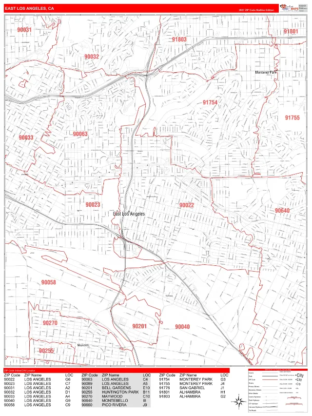 East Los Angeles, CA ZIP Code Wall Map, RedLine style