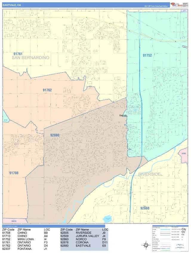 Eastvale, CA ZIP Code Wall Map, ColorCast style