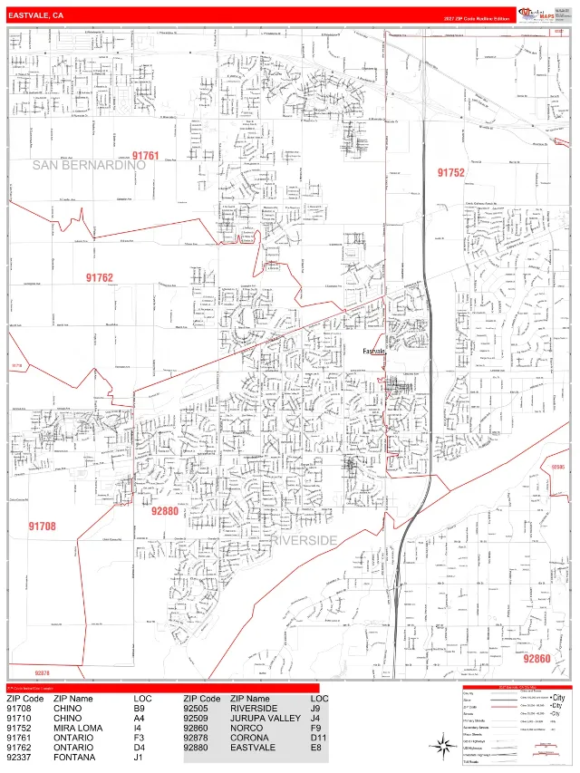 Eastvale, CA ZIP Code Wall Map, RedLine style