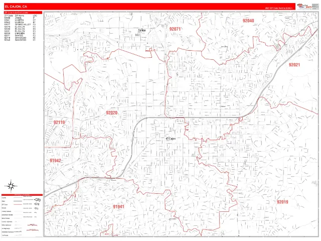 El Cajon, CA ZIP Code Wall Map, RedLine style