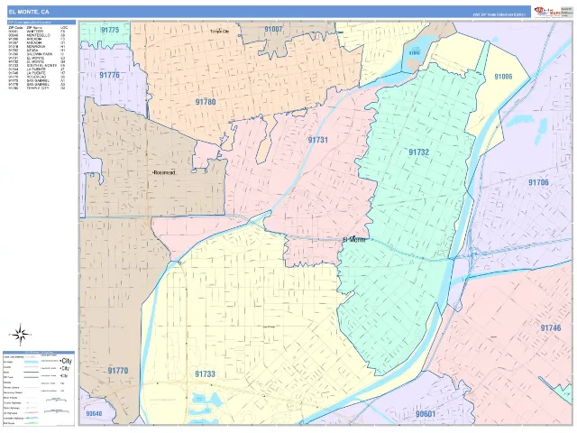 El Monte, CA ZIP Code Wall Map, ColorCast style