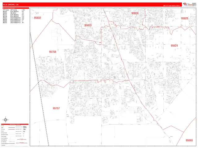Elk Grove, CA ZIP Code Wall Map, RedLine style