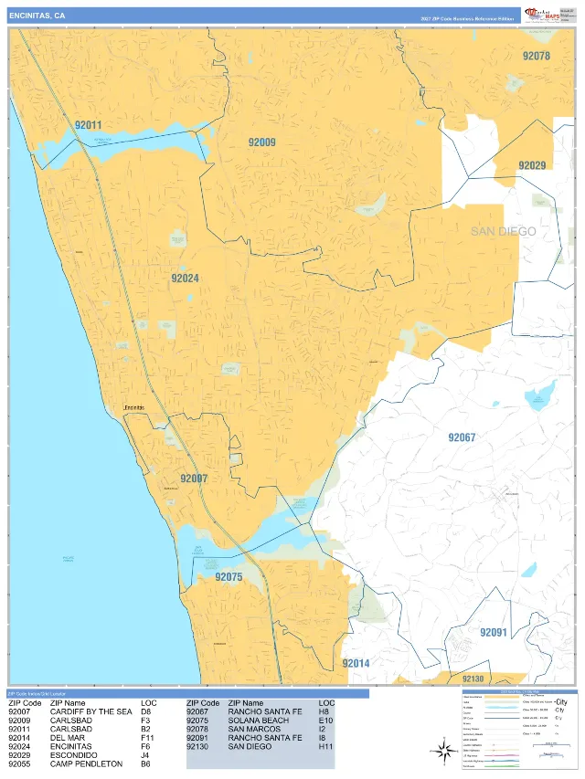 Encinitas, CA ZIP Code Wall Map, Business Reference style
