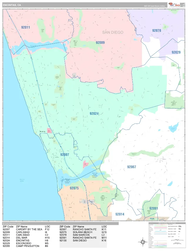 Encinitas, CA ZIP Code Wall Map, Classic style
