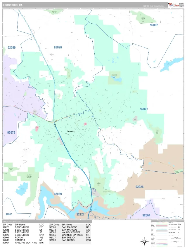 Escondido, CA ZIP Code Wall Map, Classic style