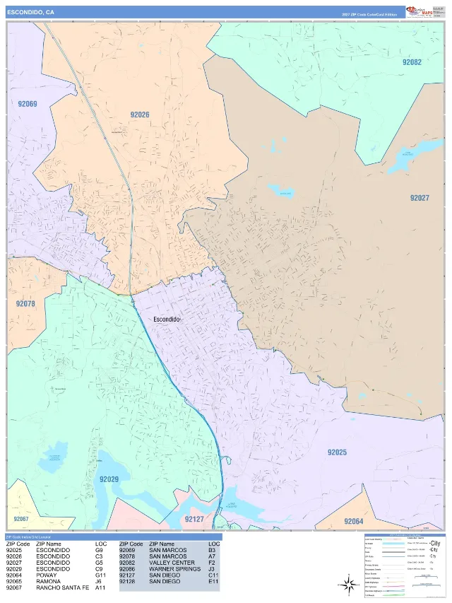 Escondido, CA ZIP Code Wall Map, ColorCast style