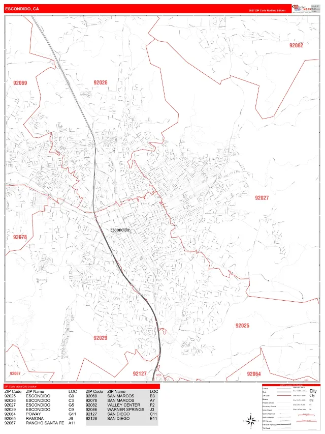 Escondido, CA ZIP Code Wall Map, RedLine style