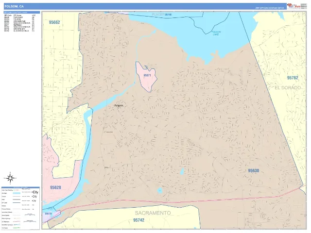 Folsom, CA ZIP Code Wall Map, ColorCast style