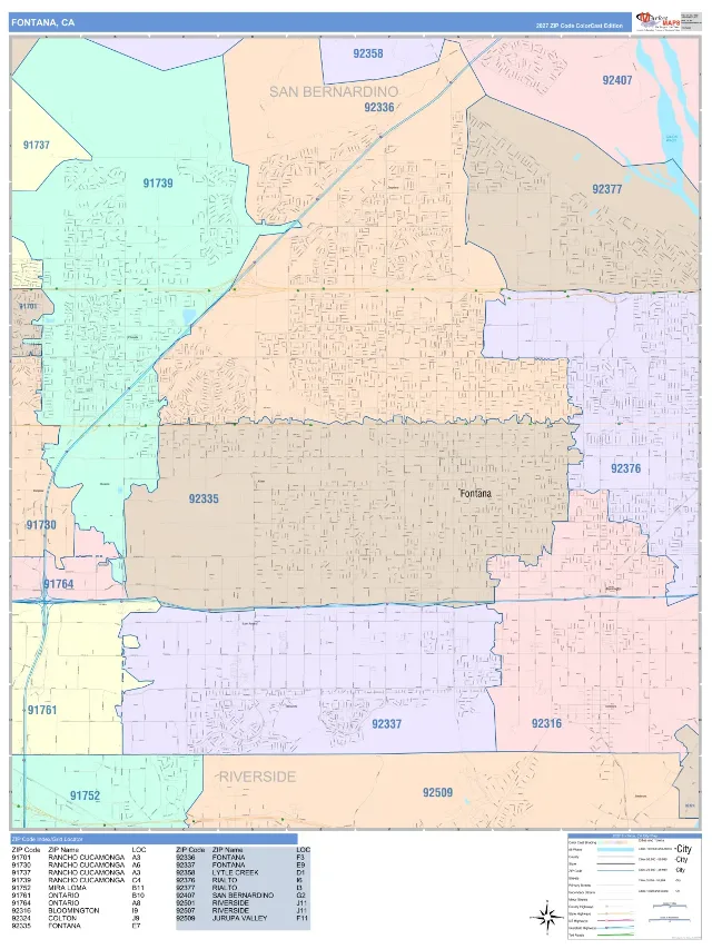 Fontana, CA ZIP Code Wall Map, ColorCast style