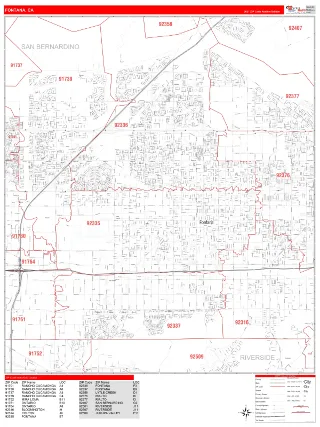 Fontana, CA RedLine style ZIP Code wall map