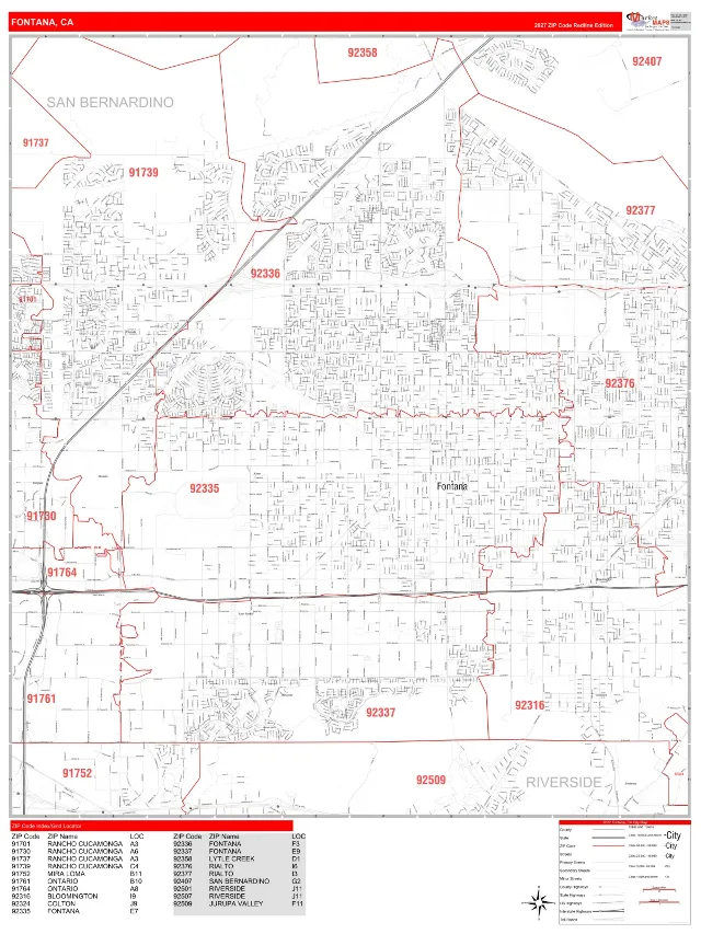 Fontana, CA ZIP Code Wall Map, RedLine style