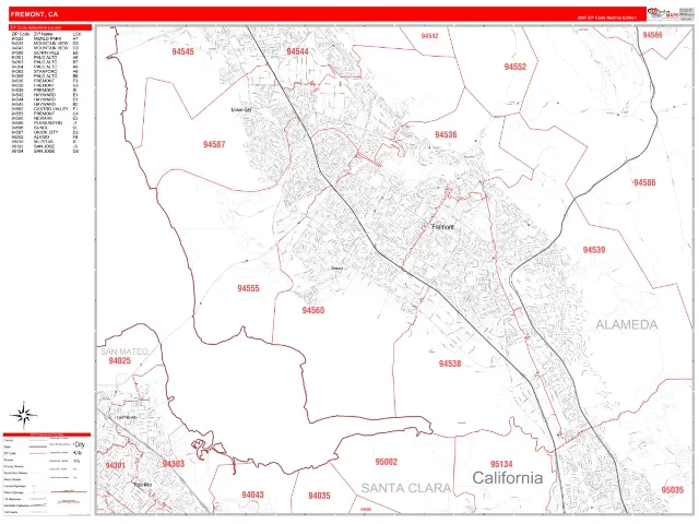 Fremont, CA ZIP Code Wall Map, RedLine style