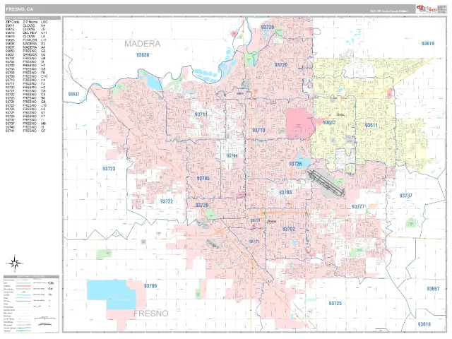 Fresno, CA ZIP Code Wall Map, Classic style