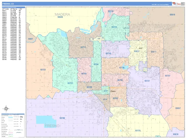 Fresno, CA ZIP Code Wall Map, ColorCast style