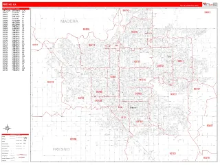 Fresno, CA RedLine style ZIP Code wall map
