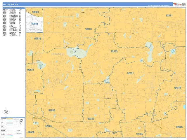 Fullerton, CA ZIP Code Wall Map, Business Reference style