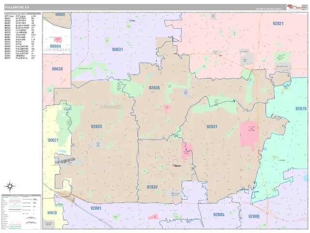 Fullerton, CA ZIP Code Wall Map, Classic style