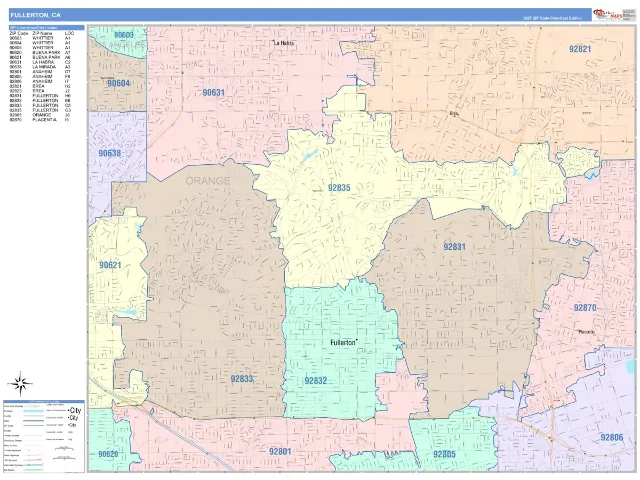Fullerton, CA ZIP Code Wall Map, ColorCast style