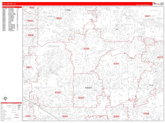 Fullerton, CA ZIP Code Wall Map, RedLine style