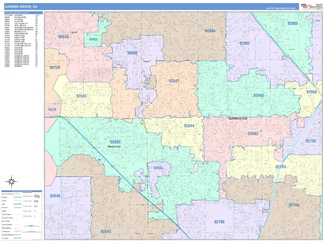 Garden Grove, CA ZIP Code Wall Map, ColorCast style