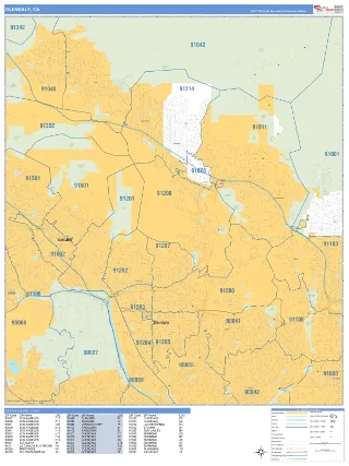 Glendale, CA Business Reference style ZIP Code wall map