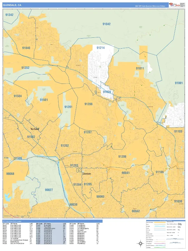 Glendale, CA ZIP Code Wall Map, Business Reference style