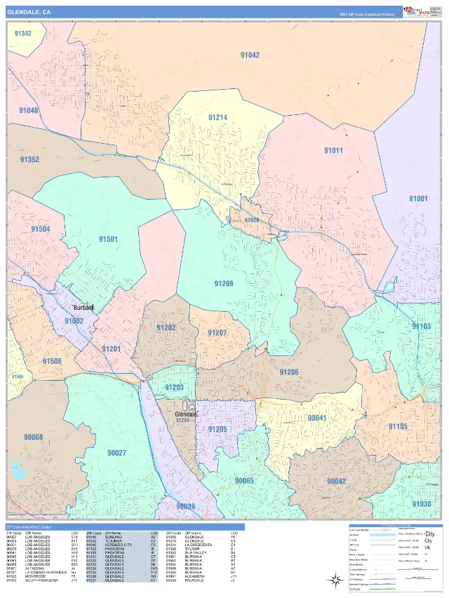 Glendale, CA ZIP Code Wall Map, ColorCast style