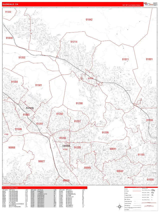 Glendale, CA ZIP Code Wall Map, RedLine style