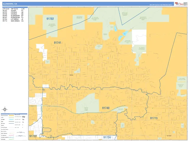 Glendora, CA ZIP Code Wall Map, Business Reference style