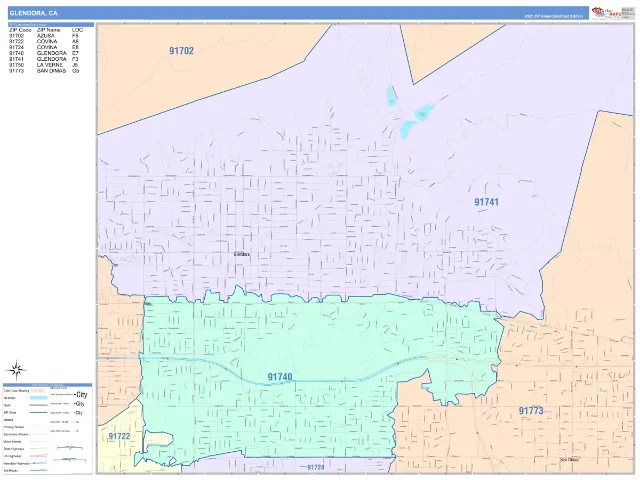 Glendora, CA ZIP Code Wall Map, ColorCast style