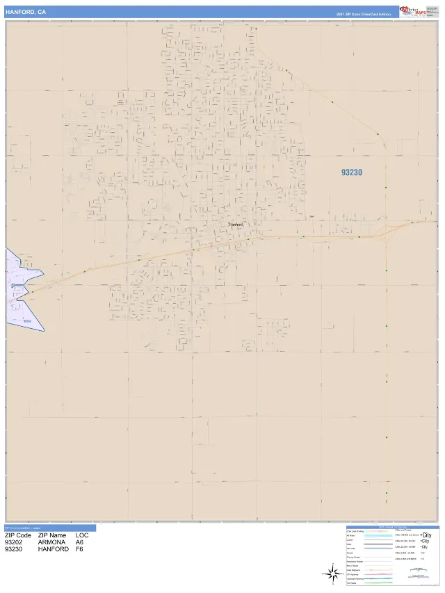 Hanford, CA ZIP Code Wall Map, ColorCast style