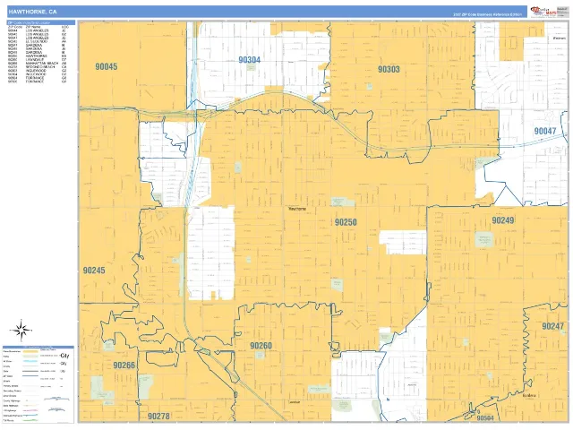 Hawthorne, CA ZIP Code Wall Map, Business Reference style