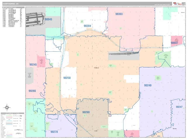 Hawthorne, CA ZIP Code Wall Map, Classic style