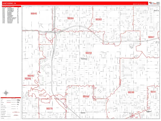 Hawthorne, CA ZIP Code Wall Map, RedLine style