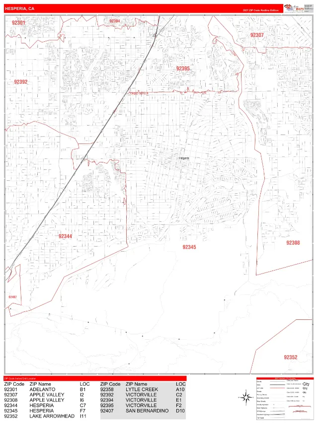 Hesperia, CA ZIP Code Wall Map, RedLine style