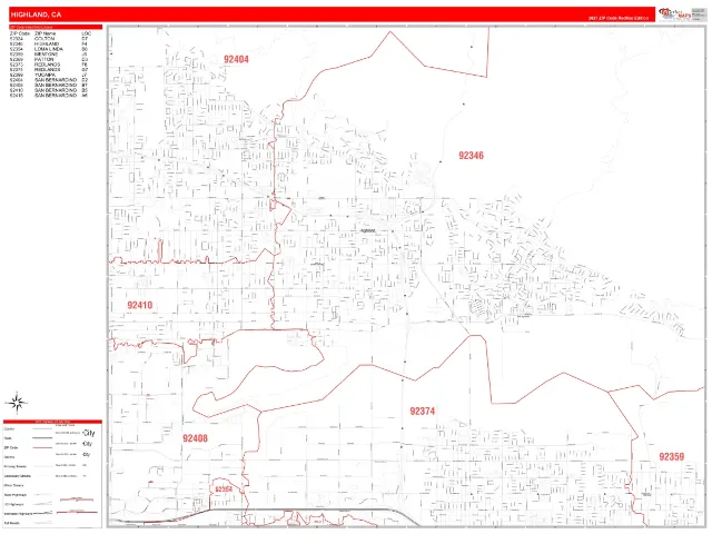 Highland, CA ZIP Code Wall Map, RedLine style