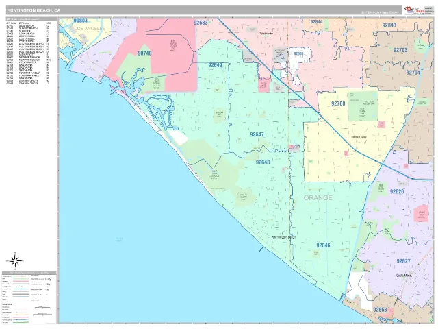 Huntington Beach, CA ZIP Code Wall Map, Classic style