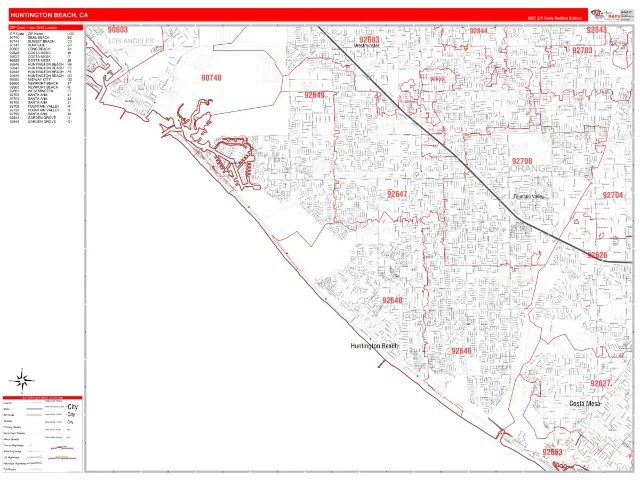 Huntington Beach, CA ZIP Code Wall Map, RedLine style