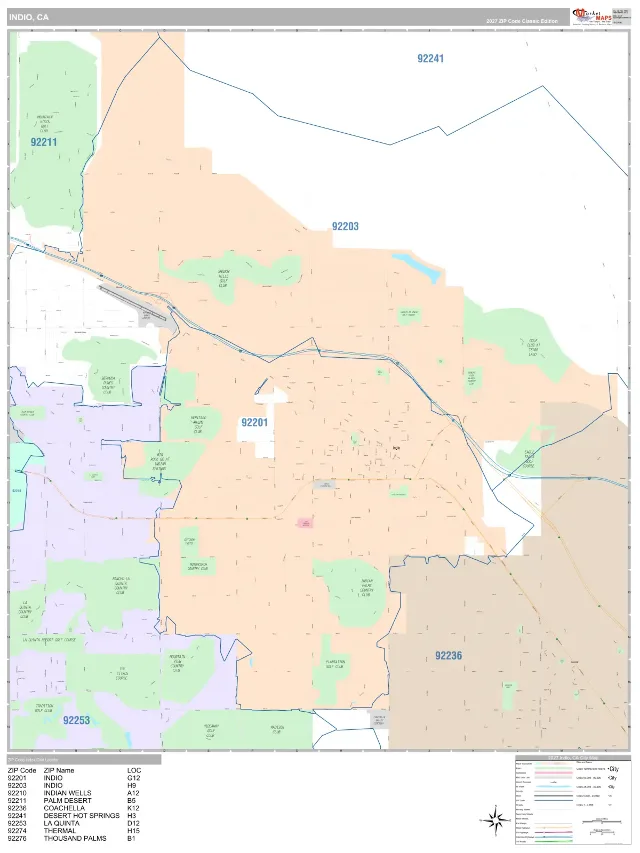 Indio, CA ZIP Code Wall Map, Classic style