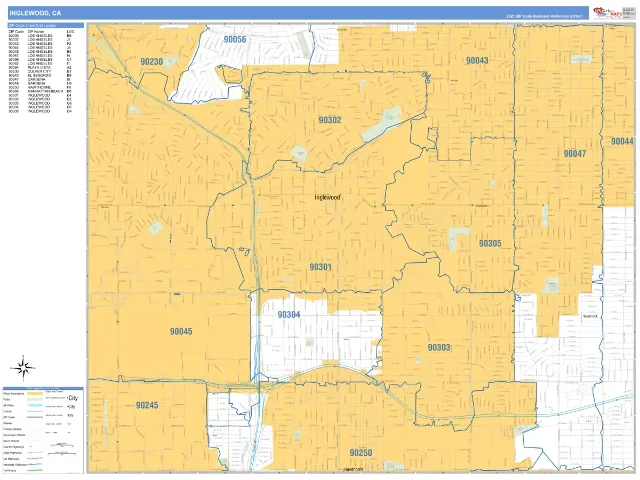 Inglewood, CA ZIP Code Wall Map, Business Reference style