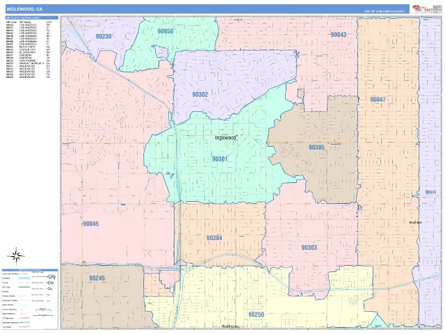 Inglewood, CA ZIP Code Wall Map, ColorCast style