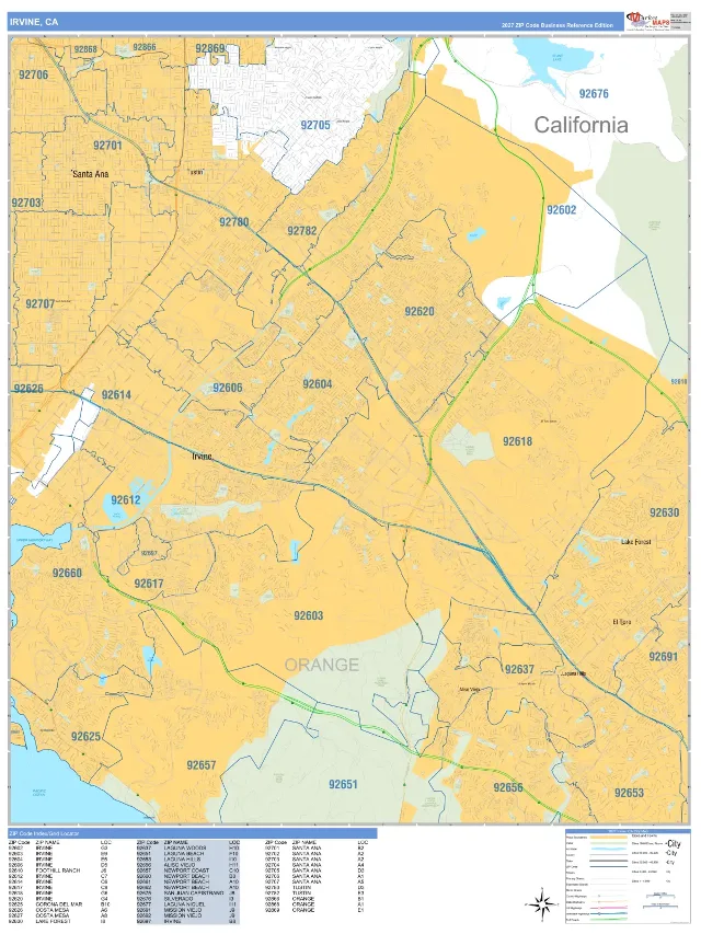 Irvine, CA ZIP Code Wall Map, Business Reference style