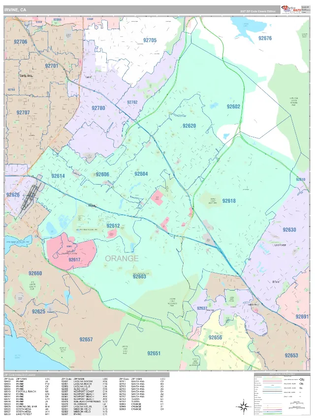 Irvine, CA ZIP Code Wall Map, Classic style