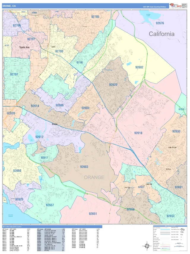 Irvine, CA ZIP Code Wall Map, ColorCast style
