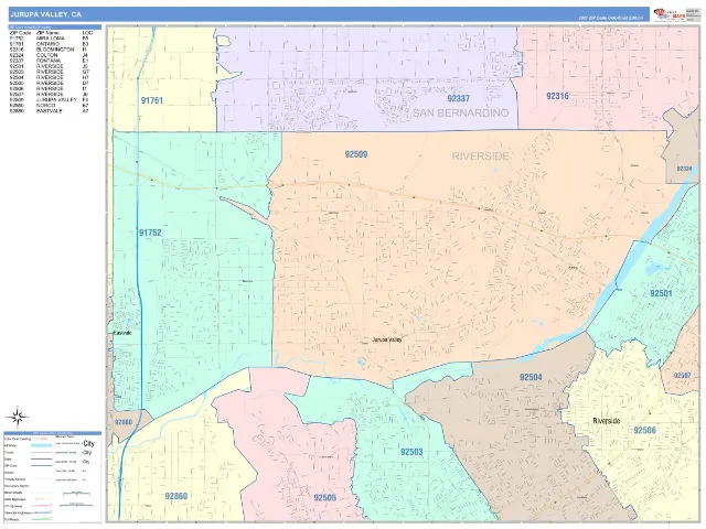 Jurupa Valley, CA ZIP Code Wall Map, ColorCast style